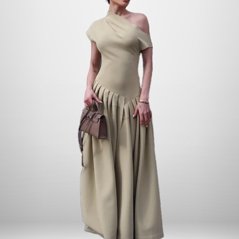 Damen Elegantes One-Shoulder Maxikleid mit Faltenwurf und fließendem Rock Drune