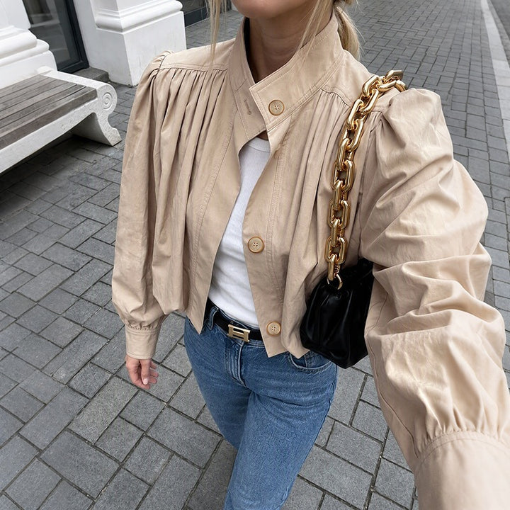 Damen Leichte Kurzjacke mit Ballonärmeln, Puffschultern & Gummizugsaum Drune