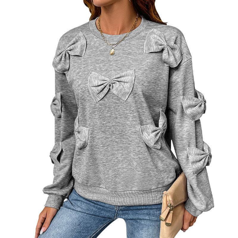 Damen Kuschel-Sweatshirt mit 3D-Schleifenapplikationen, Rundhals & Rippbündchen Drune