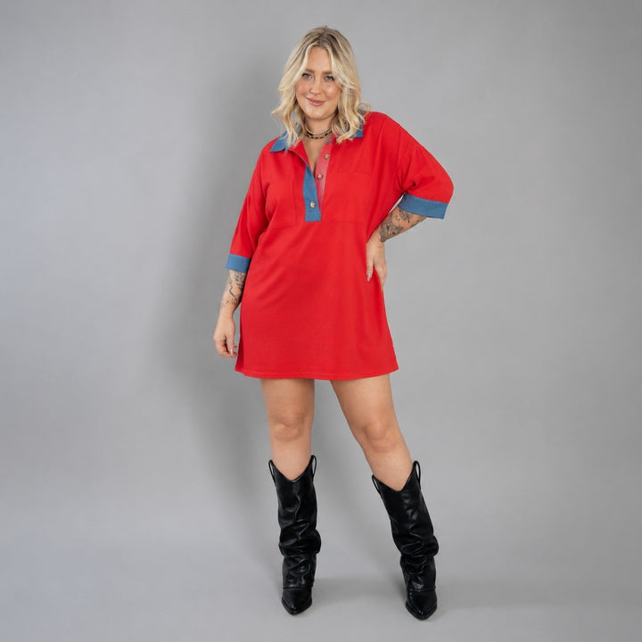 Damen oversized Polo-Tunika mit Kontrastkragen und aufgesetzten Brusttaschen Drune