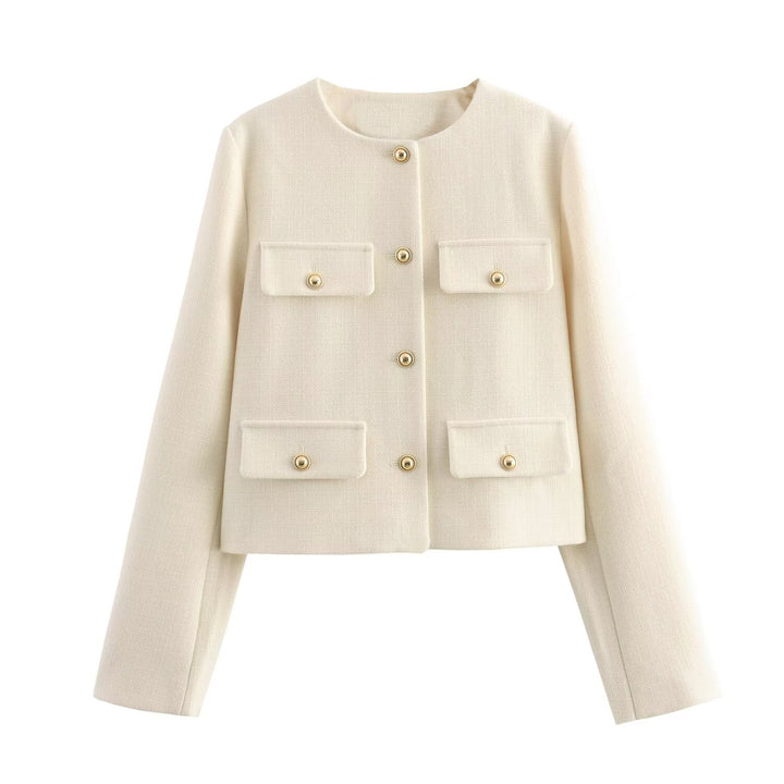 Damen nan kurz geschnittene Bouclé-Tweedjacke mit Rundhalsausschnitt Zierknopfdetails und aufgesetzten Pattentaschen Drune
