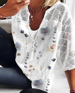 Damen nan V-Ausschnitt-Tunika mit Ajourstrick-Ärmeln und dezentem Aquarell-Blumenprint Drune