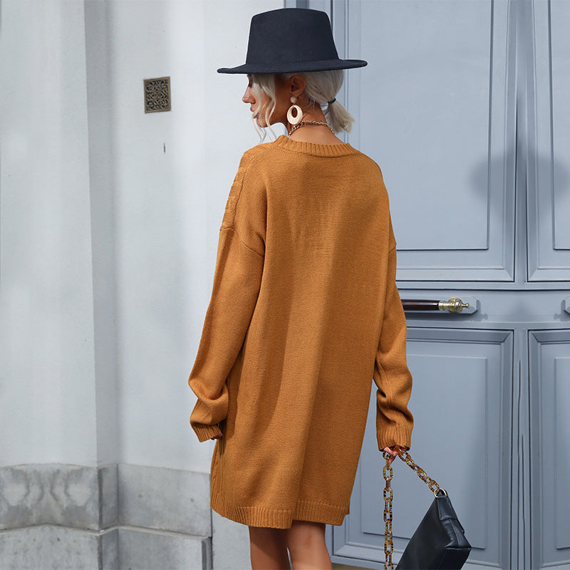 Damen Strickkleid mit Zopfmuster, lässiger Oversize-Passform und Taillengürtel Drune