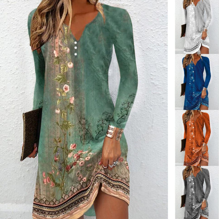 Damen Freizeitkleid mit floralem Design und V-Ausschnitt Drune