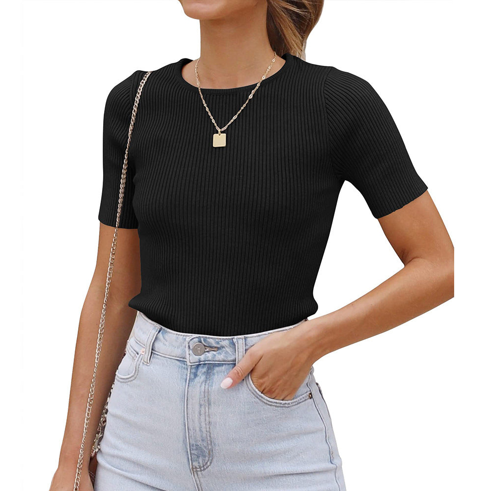 Damen figurbetontes T-Shirt mit feiner Rippstruktur und Rundhalsausschnitt Drune