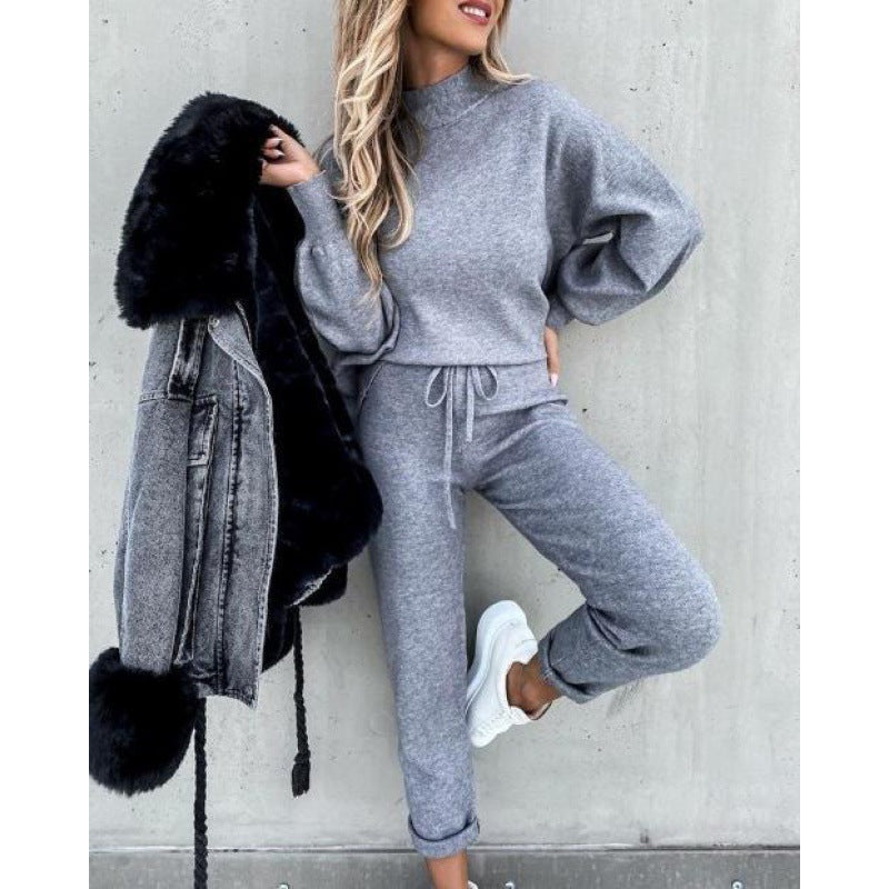 Damen Strick-Loungewear-Set mit Ballonärmeln und taillierter Jogginghose Drune