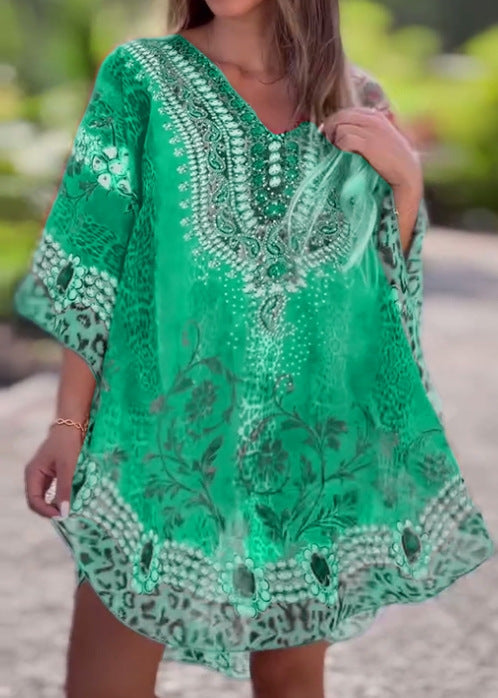 Damen nan kurzes Tunika-Kaftan mit verziertem V-Ausschnitt und floral-animalischer Bordüre Drune