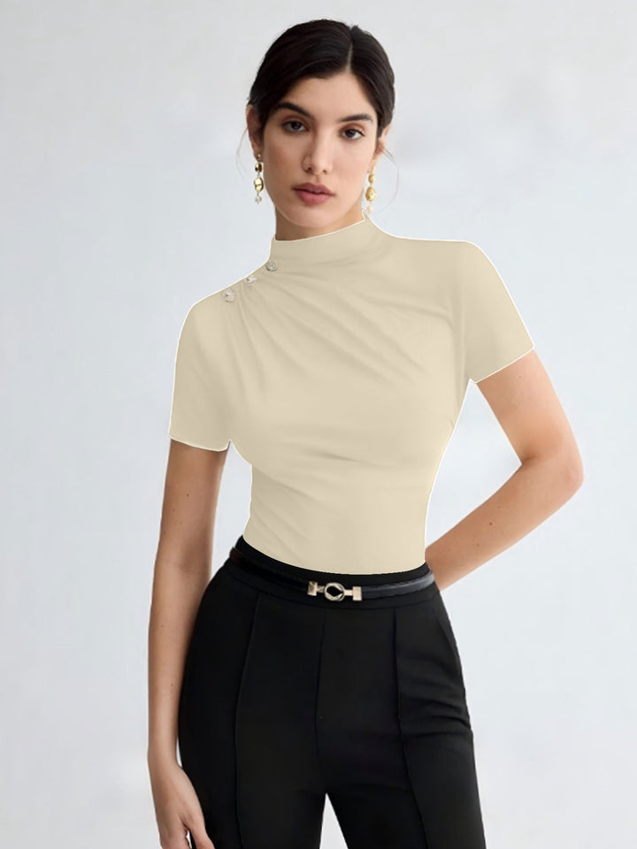 Damen elegantes Oberteil mit dekorativen Knopfdetails und modernem Stehkragen Drune
