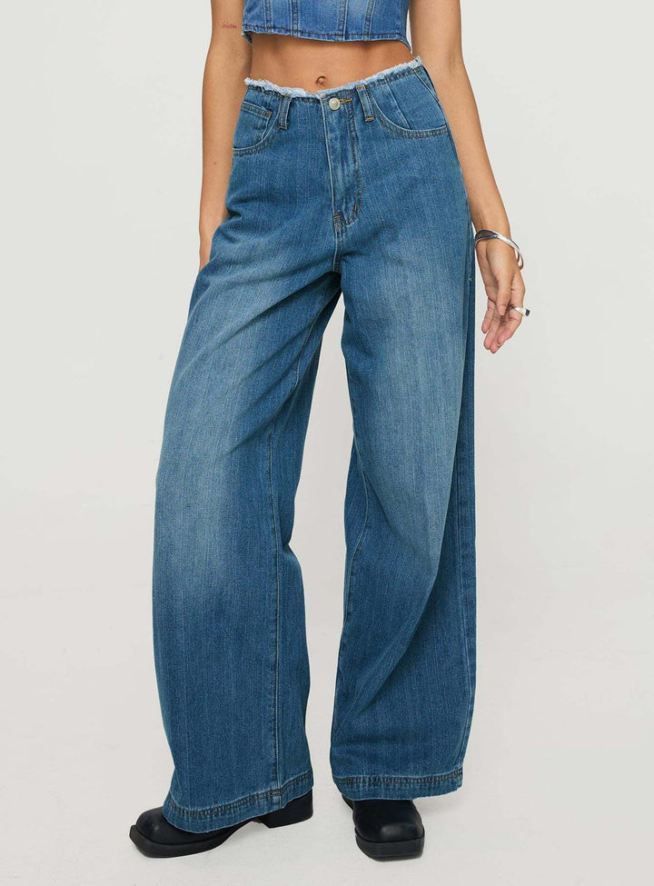 Damen weite Denim-Jeans mit hohem Bund und fransigem Saum Drune