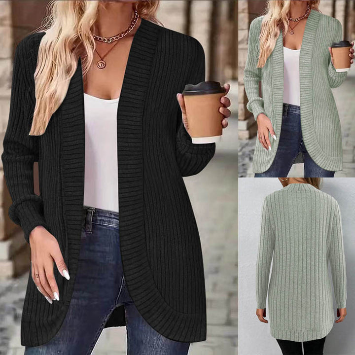 Damen Langer Offener Rippstrick-Cardigan mit abgerundetem Saum Drune