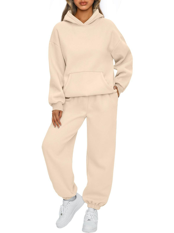 Damen nan gemütliches French-Terry Loungewear-Set mit doppellagiger Kapuze, Kängurutasche und elastischem Knöchel-Jogger Drune
