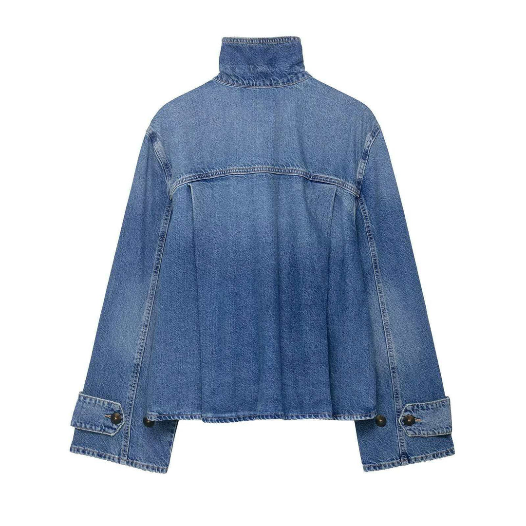 Damen nan cropped Boxy-Denimjacke mit hohem Wickel- bzw. Stehkragen und verdeckter Knopfleiste Drune