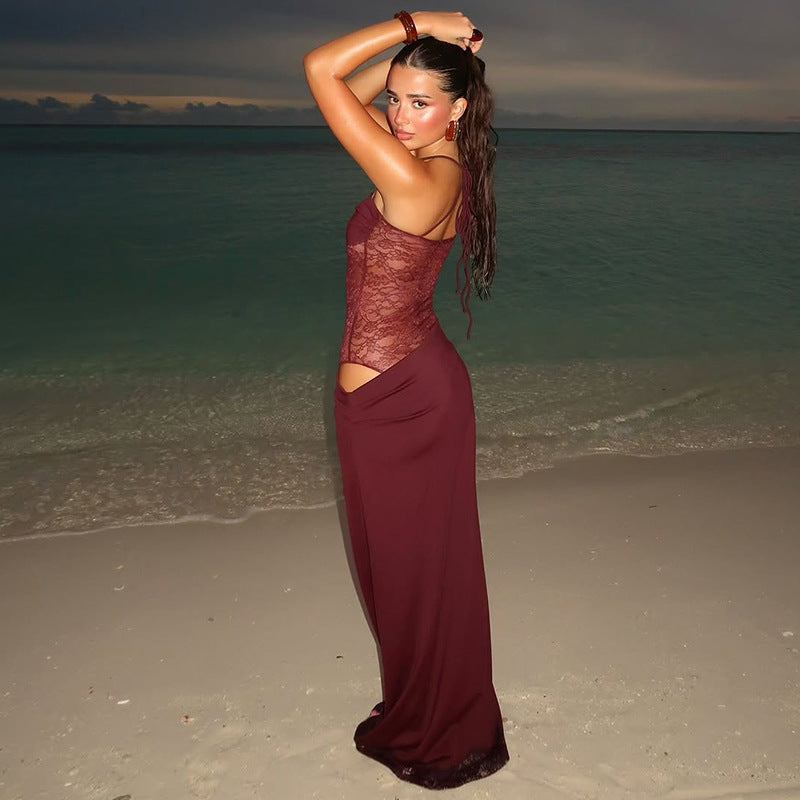 Damen Elegantes Maxikleid mit transparentem Oberteil und figurbetontem Design Drune