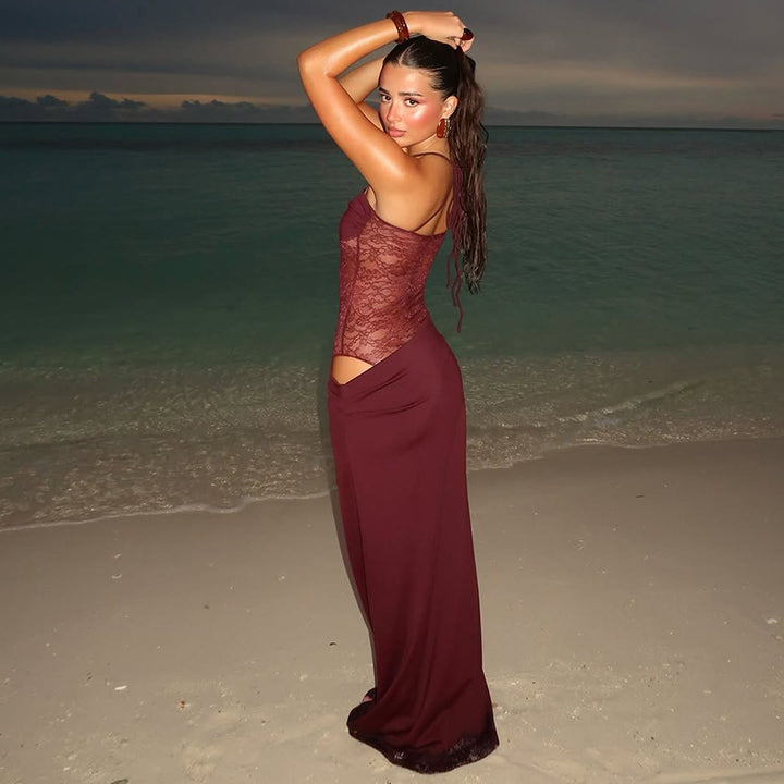 Damen Elegantes Maxikleid mit transparentem Oberteil und figurbetontem Design Drune