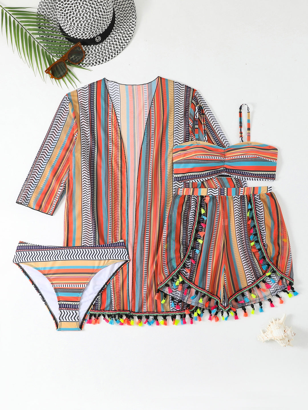 Damen Bikiniset mit trendigem Strandkimono und bunten Quasten Drune