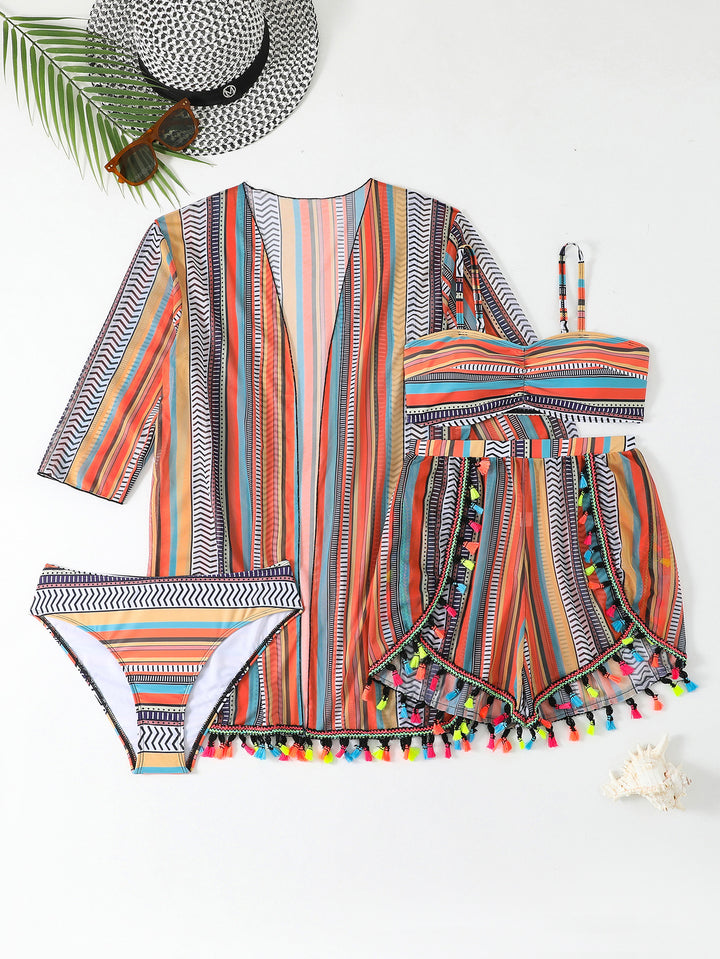 Damen Bikiniset mit trendigem Strandkimono und bunten Quasten Drune