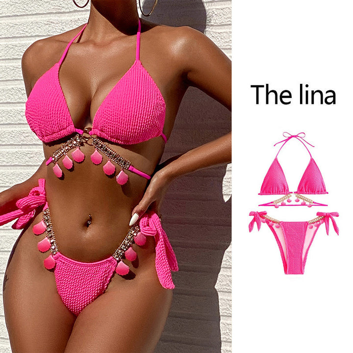 Damen Triangel-Bikini mit verspieltem Rüschendesign und goldenen Akzenten Drune