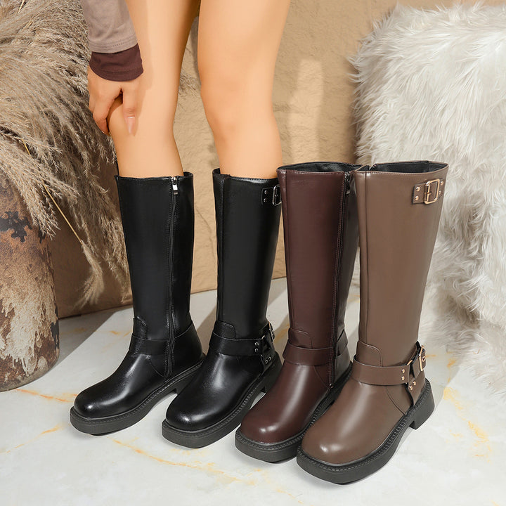Damen Kniehohe Bikerstiefel mit seitlichem Reißverschluss und Dekorschnallen Drune