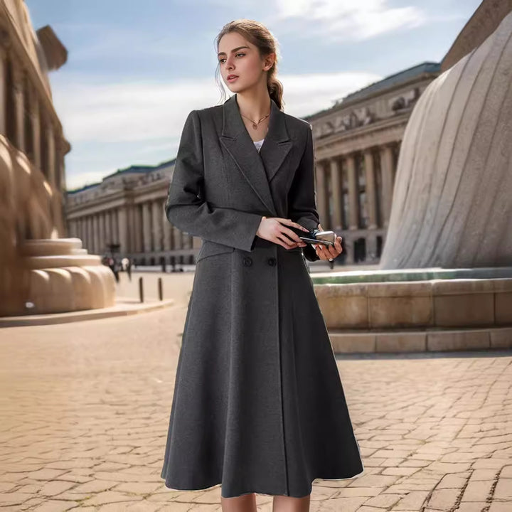 Damen eleganter Maximantel mit doppelter Knopfreihe und weit schwingendem Rock Drune