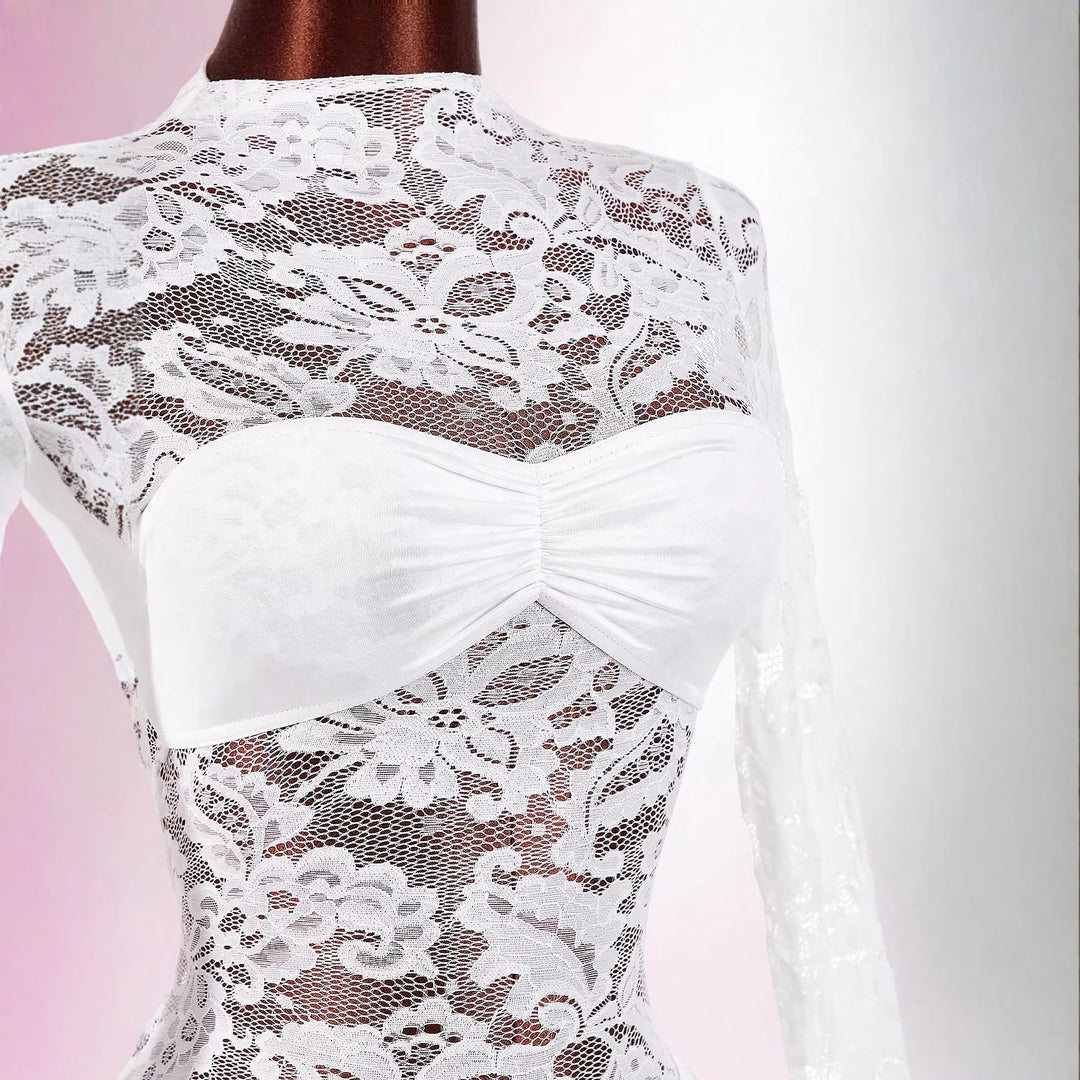 Damen nan transparentes Spitzen-Minikleid mit Bandeau-Einsatz, gerafftem Wickelrock und langen Ärmeln Drune