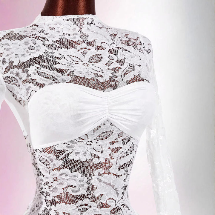 Damen nan transparentes Spitzen-Minikleid mit Bandeau-Einsatz, gerafftem Wickelrock und langen Ärmeln Drune