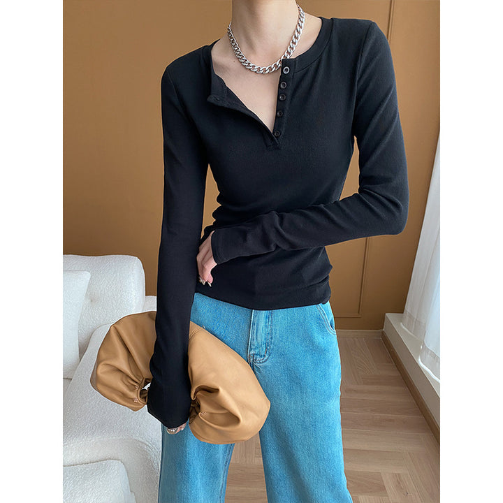 Damen Langarmshirt mit Knopfleiste im casual Stil Drune
