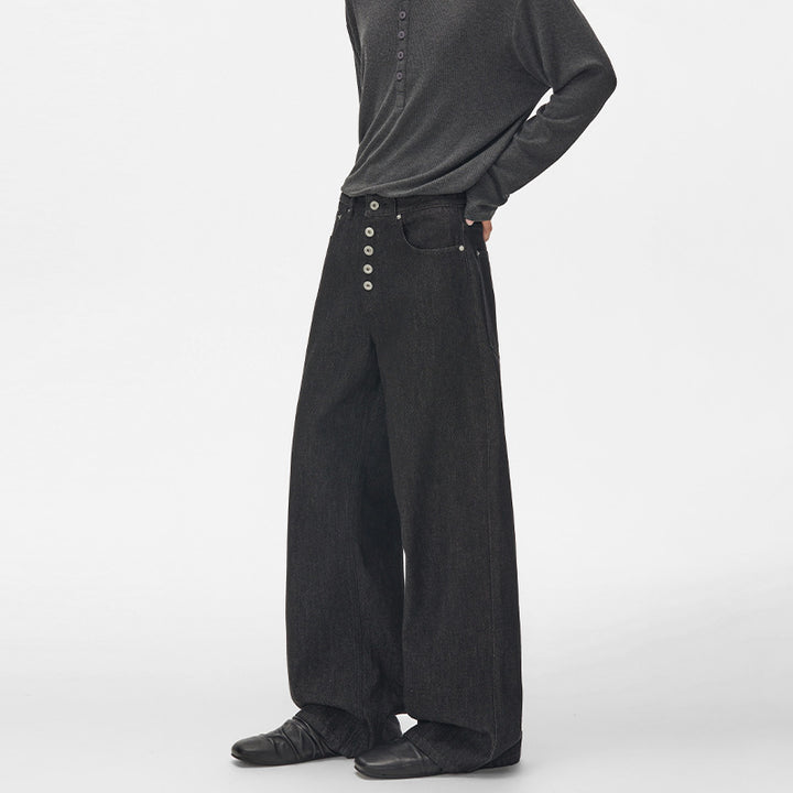 Herren Hochtaillierte weite Denim-Hose mit sichtbarer Knopfleiste und extra langem Saum Drune