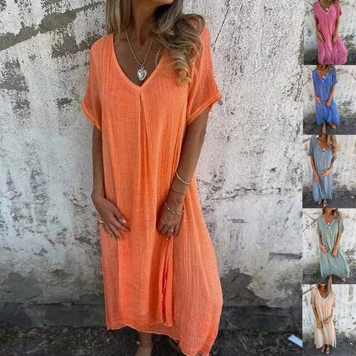 Damen lässiges Leinenkleid mit V-Ausschnitt und seitlichen Taschen Drune
