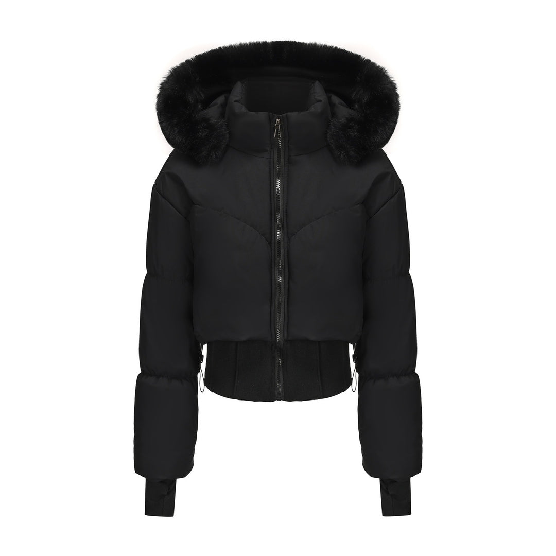 Damen cropped Daunenjacke mit abnehmbarer Kapuze und Kunstfellbesatz Drune