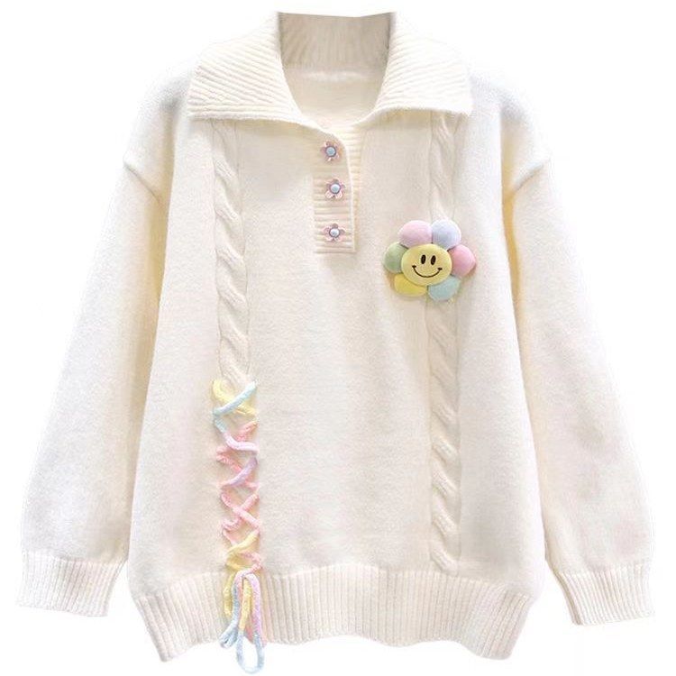 Damen Modischer Pullover mit Blumenapplikationen und Kabelmuster Drune