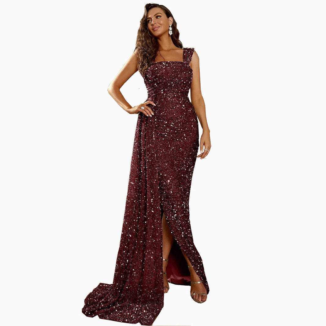 Damen Elegant glitzerndes Abendkleid mit schmalem Schlitz und dekorativen Trägern Drune