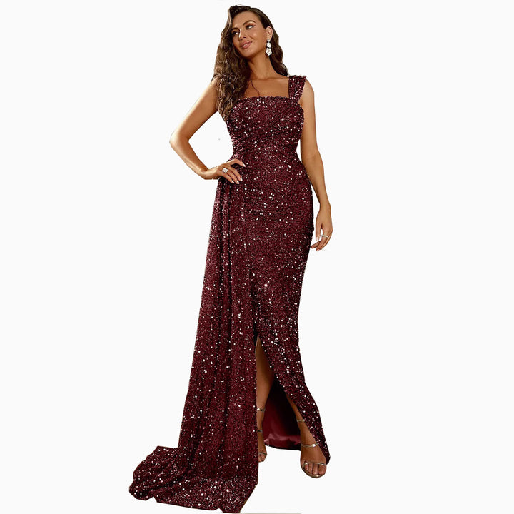 Damen Elegant glitzerndes Abendkleid mit schmalem Schlitz und dekorativen Trägern Drune