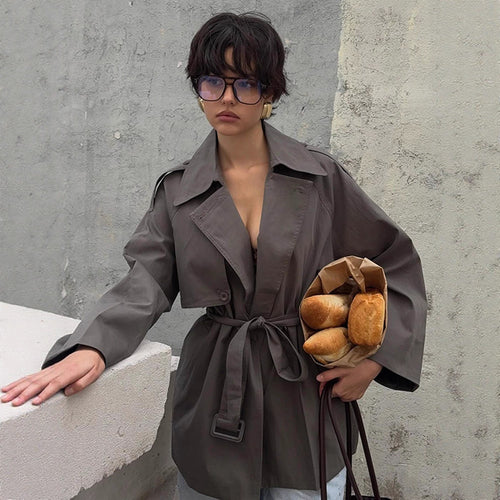 Damen Kurztrenchcoat mit Bindegürtel und Oversize-Ärmeln Drune
