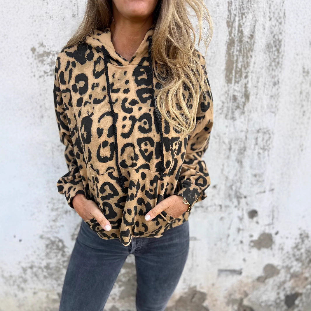Damen Kapuzenpullover mit lässigem Leopardenmuster und praktischen Seitentaschen Drune