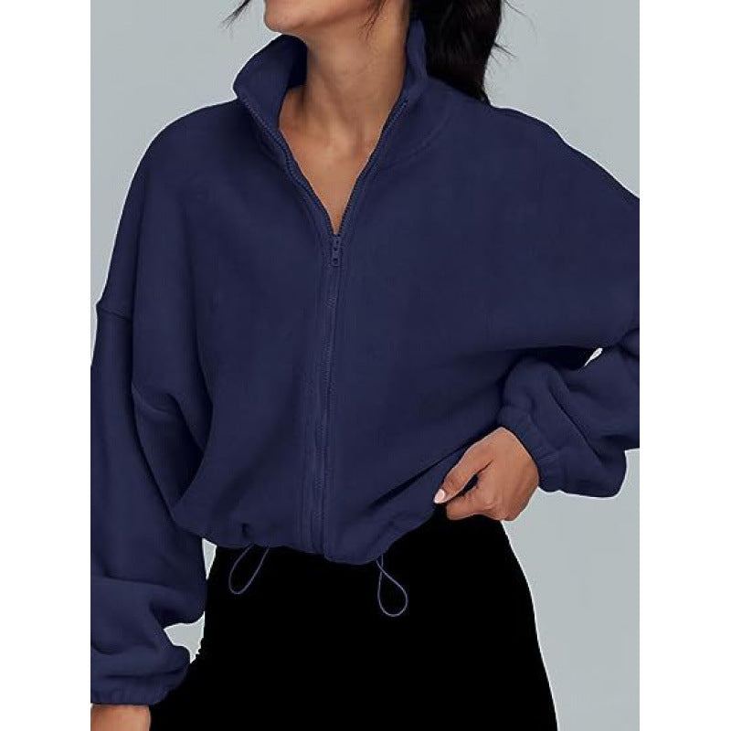 Damen trendy Oversize-Zip-Pullover mit hohem Kragen und Kordelzug Drune