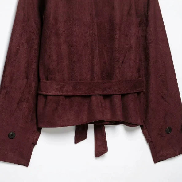 Damen Kurzjacke aus Wildlederimitat mit hohem Stehkragen und Bindegürtel Drune