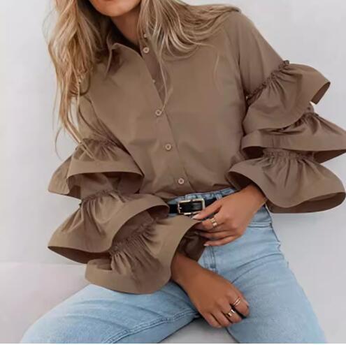 Damen Bluse mit voluminösen Rüschendetails und klassischem Kragen Drune