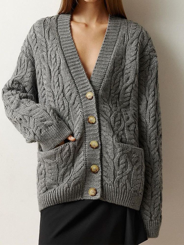 Damen Oversize Zopfmuster-Strickcardigan mit V‑Ausschnitt und aufgesetzten Taschen Drune