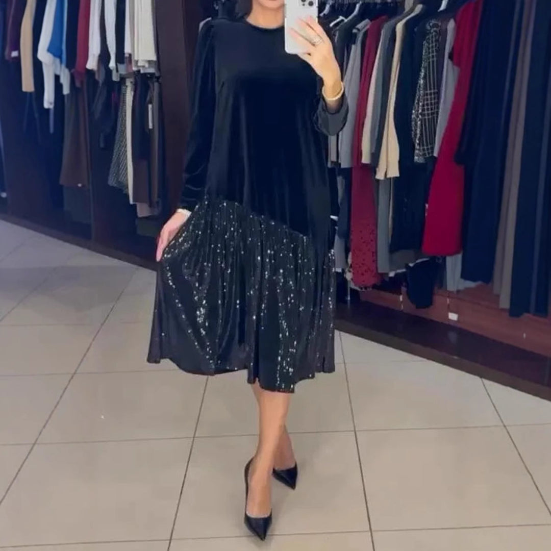 Damen nan Samt-Midikleid mit plissiertem Paillettenrock, lockerem A-Linien-Schnitt und Rundhalsausschnitt Drune