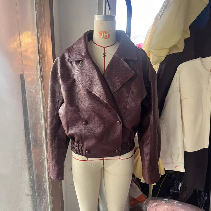 Damen nan cropped zweireihiger Kunstleder-Blouson mit breitem Revers und elastischem Saum Drune