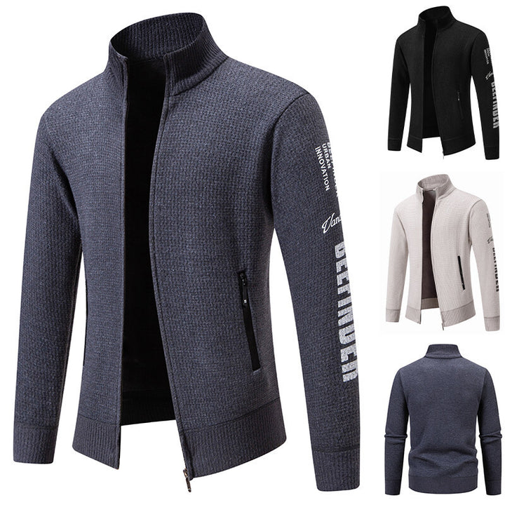 Herren Strukturierte Strickzipjacke mit Waffelstruktur, Stehkragen und Reißverschlusstaschen Drune