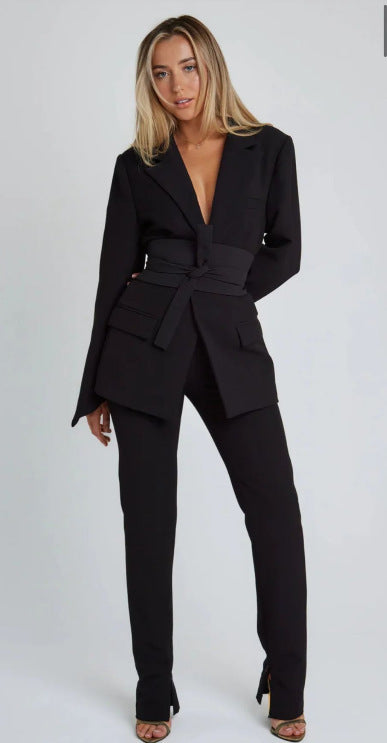 Drune | Blazer Longline Tailored Fit Selbstbinder Taille Revers Taschen