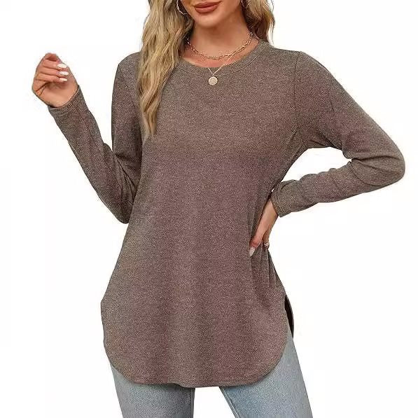 Damen Lässiges Longsleeve-Tunikaoberteil mit Rundhalsausschnitt, Seitenschlitzen und Aquarell-Blattprint Drune