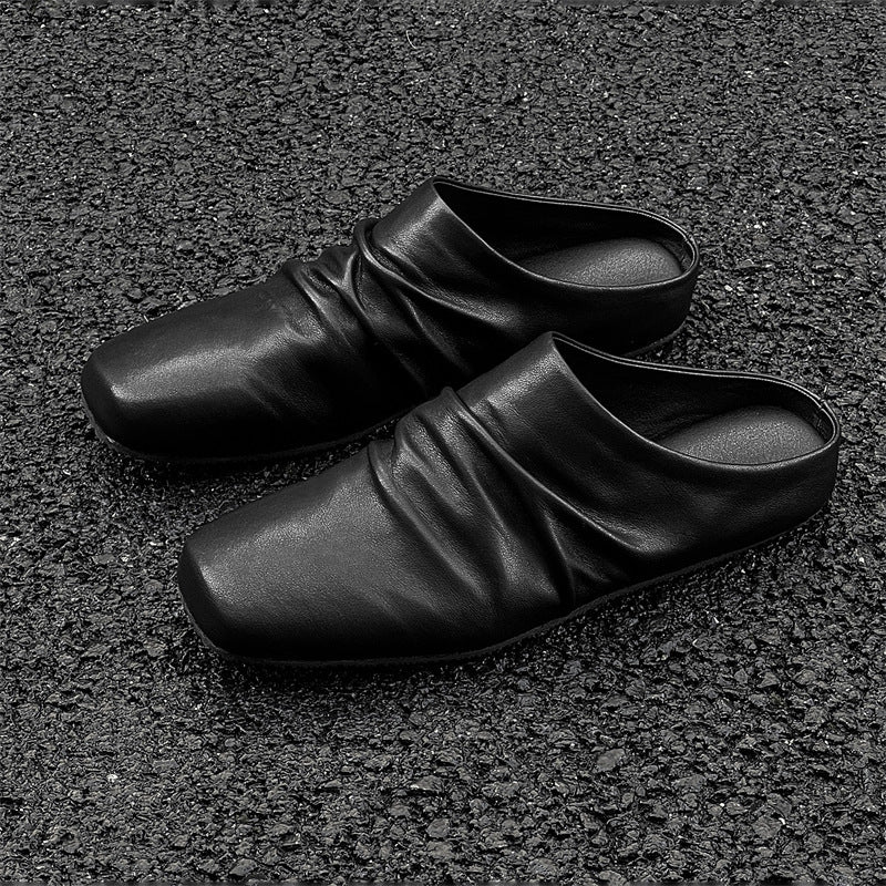 Damen Leder-Mules mit quadratischer Zehenpartie und gerafftem Obermaterial Drune