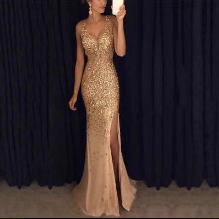 Damen Glamouröses Abendkleid mit glitzernden Pailletten und tiefem Schlitz Drune