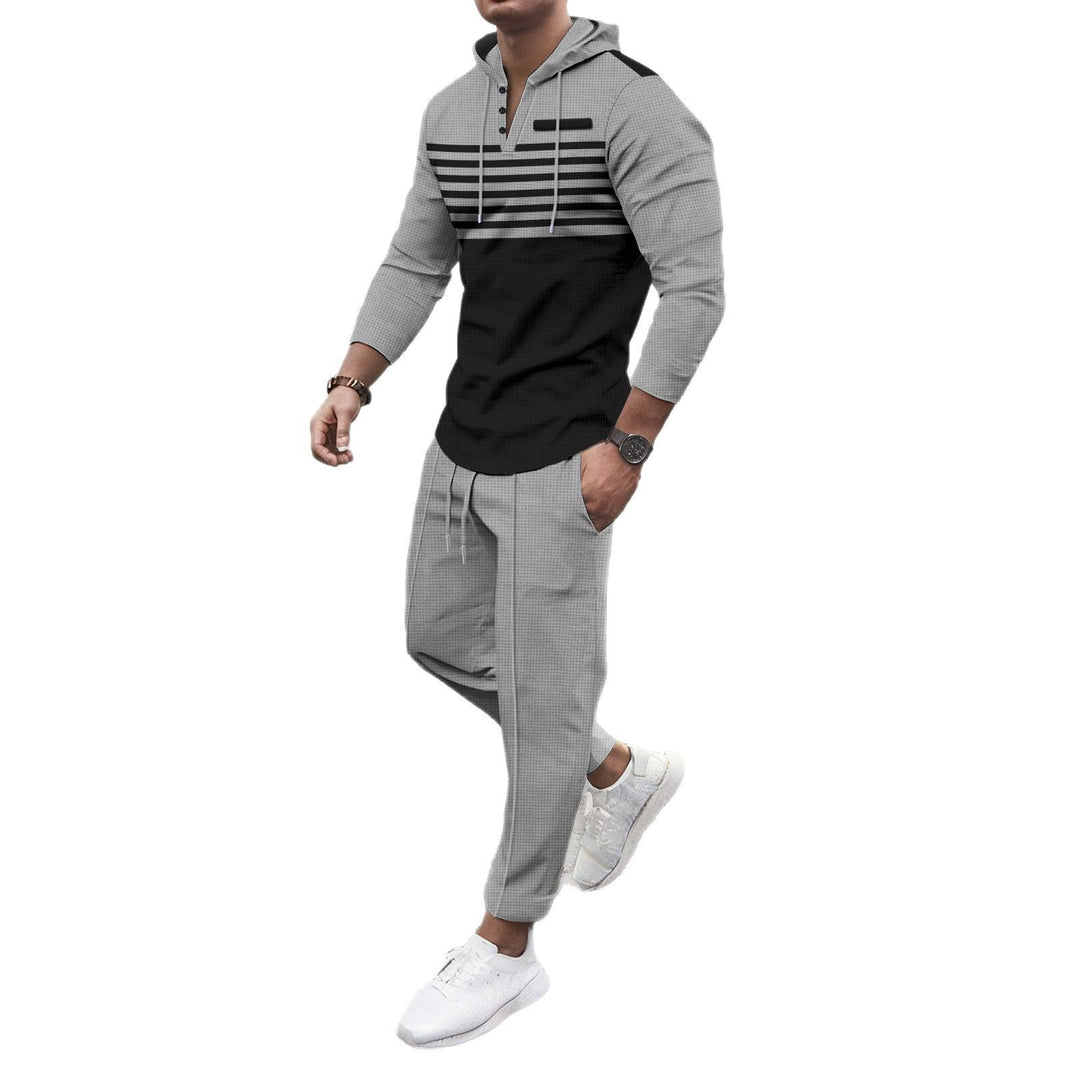Herren nan Henley-Kapuzen-Lounge-Set mit Streifenpasse, Halbknopfleiste und konischer Jogginghose Drune