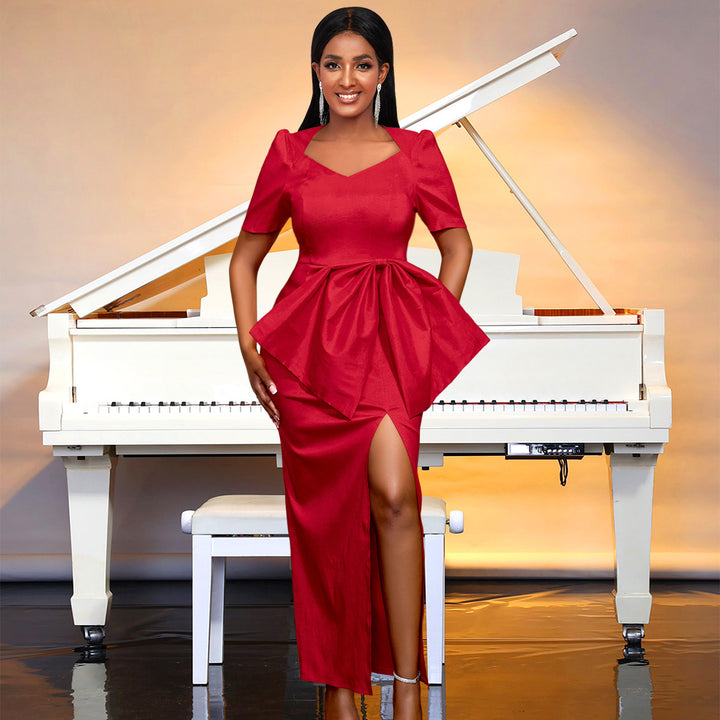 Damen Maxikleid mit eleganter Drapierung und voluminösem Rock Drune