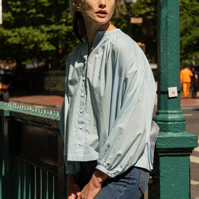 Damen Bluse mit hohem Kragen und eleganter Knopfleiste Drune