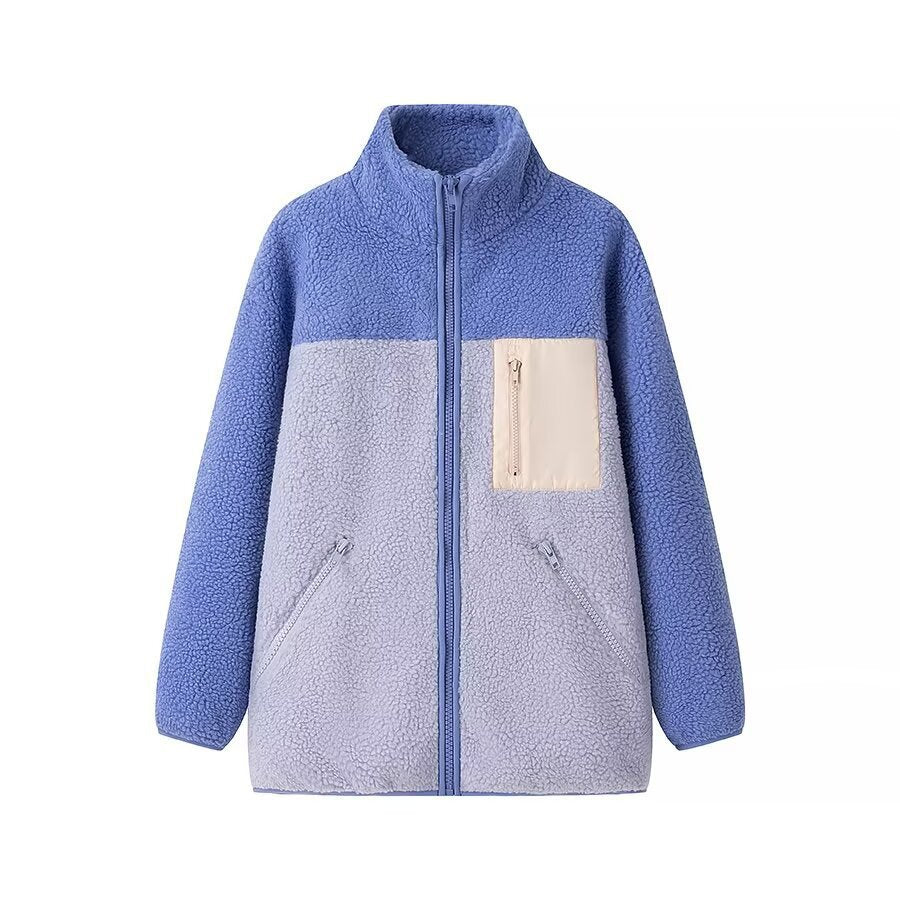 Damen Oversize Teddy‑Fleecejacke mit Farbblock, Stehkragen und Reißverschlusstaschen Drune