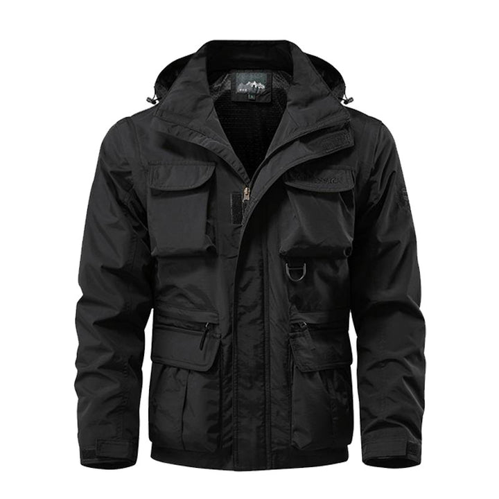 Herren nan multifunktionale Fieldjacke mit Kapuze und verstärkten Mehrfachtaschen wasserabweisendem Obermaterial und verstellbarem Saum Drune
